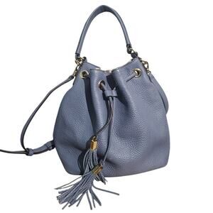 Henri Bendel Bedford Pebble Leather Bucket Bag Blue Medium GUC Tassel Drawstring